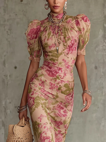 Mae Vintage Rose Print Puff Sleeve Maxi Dress
