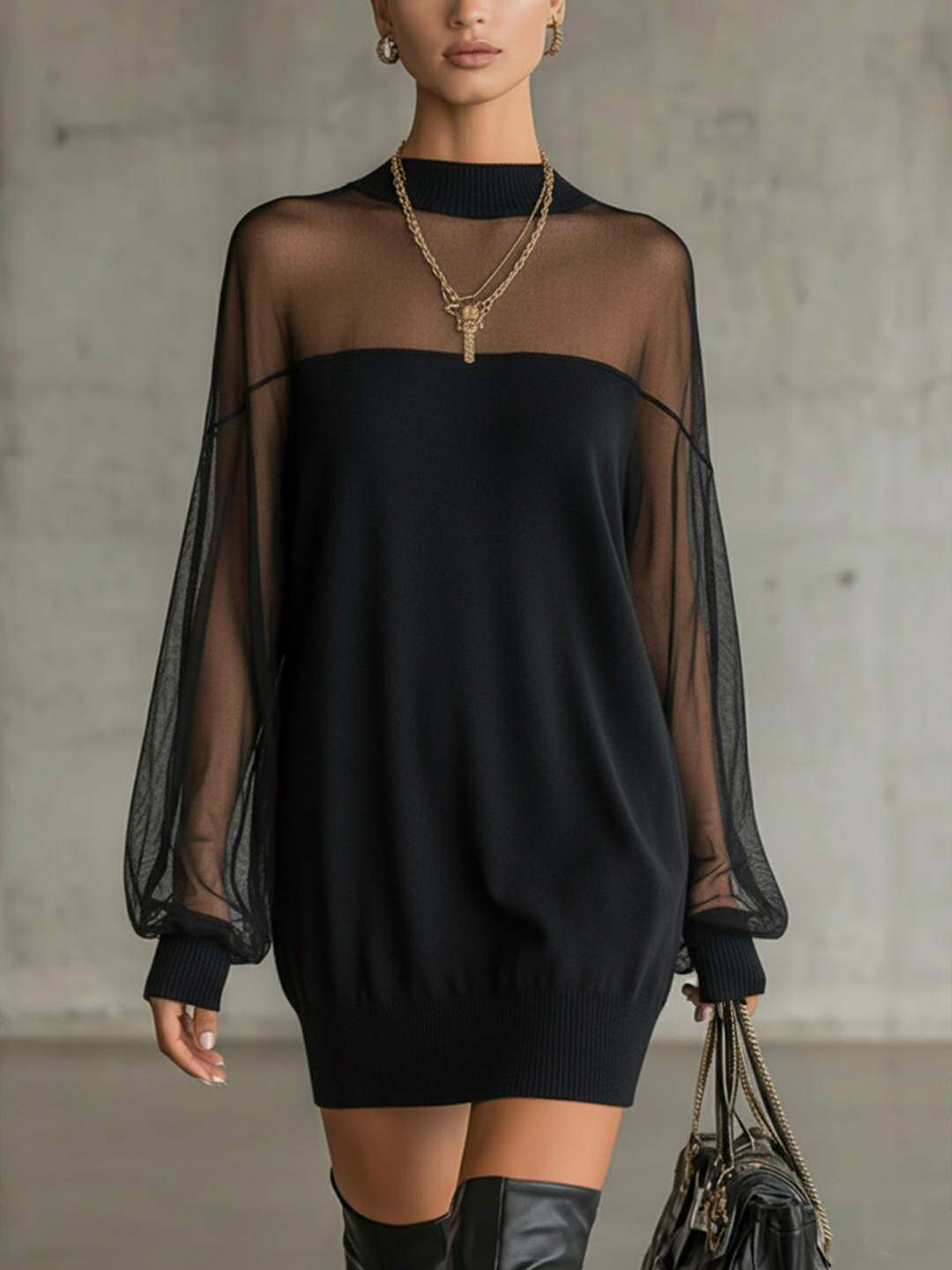 Daisy™ | Black Mesh Sleeve High‑Neck Midi Dress