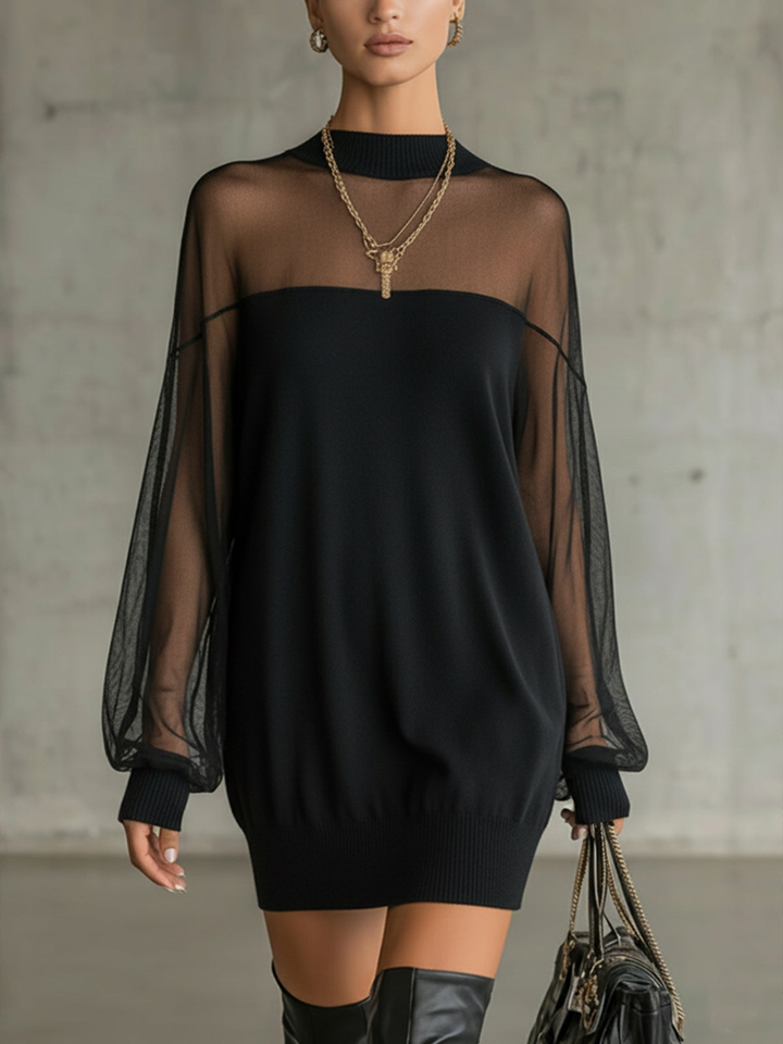 Daisy™ | Black Mesh Sleeve High‑Neck Midi Dress