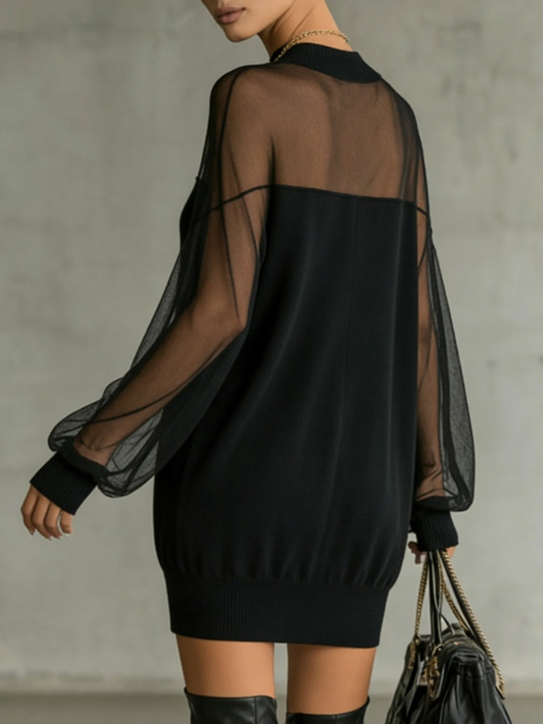 Daisy™ | Black Mesh Sleeve High‑Neck Midi Dress