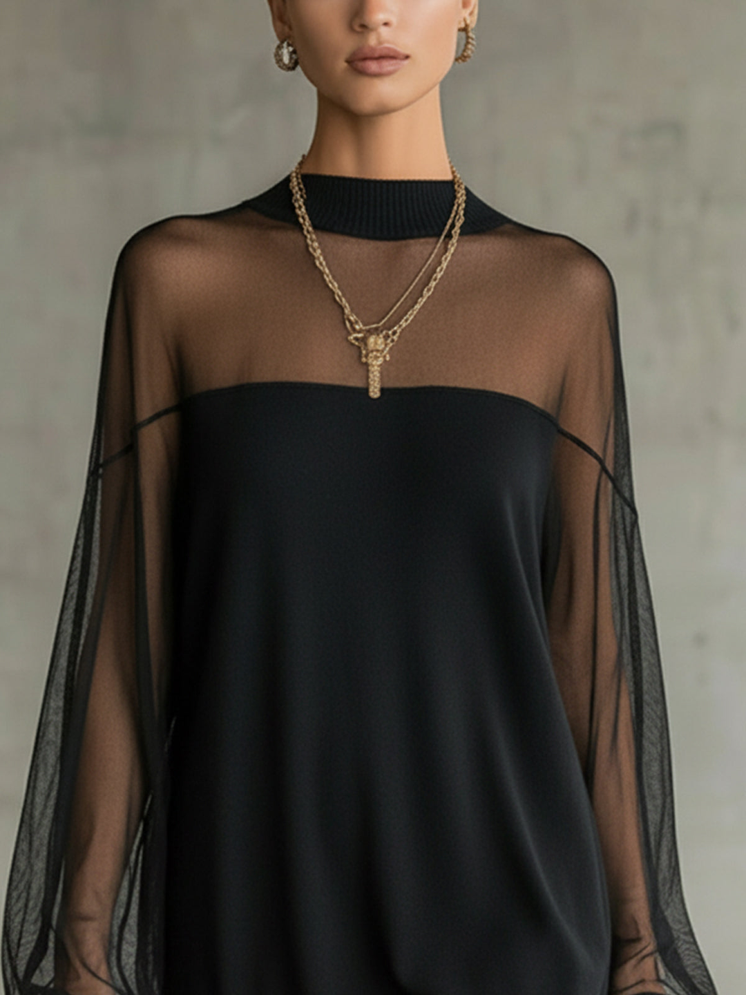 Daisy™ | Black Mesh Sleeve High‑Neck Midi Dress