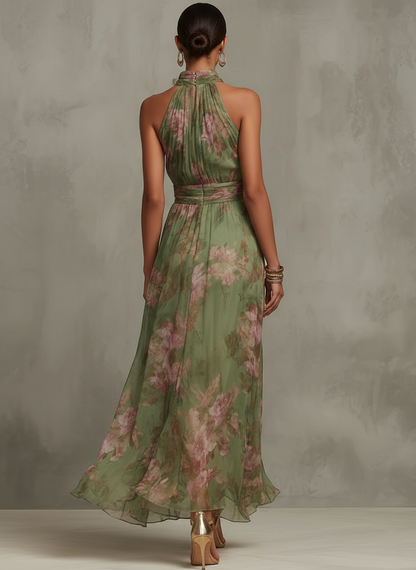 Florence Green Floral Chiffon Halter Maxi Dress
