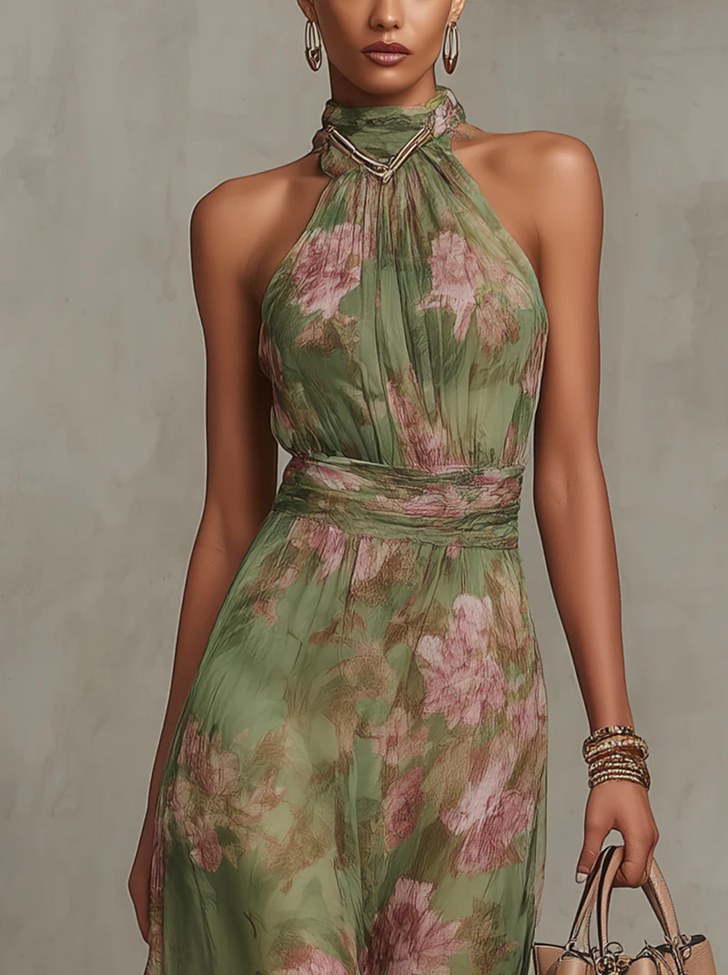 Florence Green Floral Chiffon Halter Maxi Dress