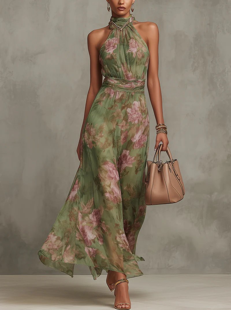 Florence Green Floral Chiffon Halter Maxi Dress