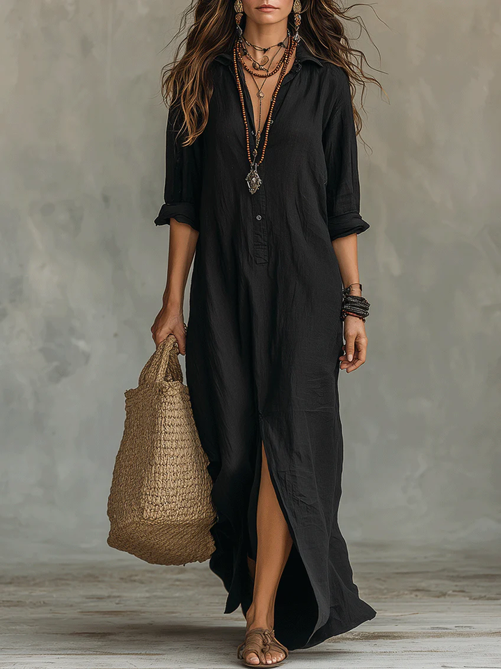 Rowena Soft Black Buttoned Maxi Dress