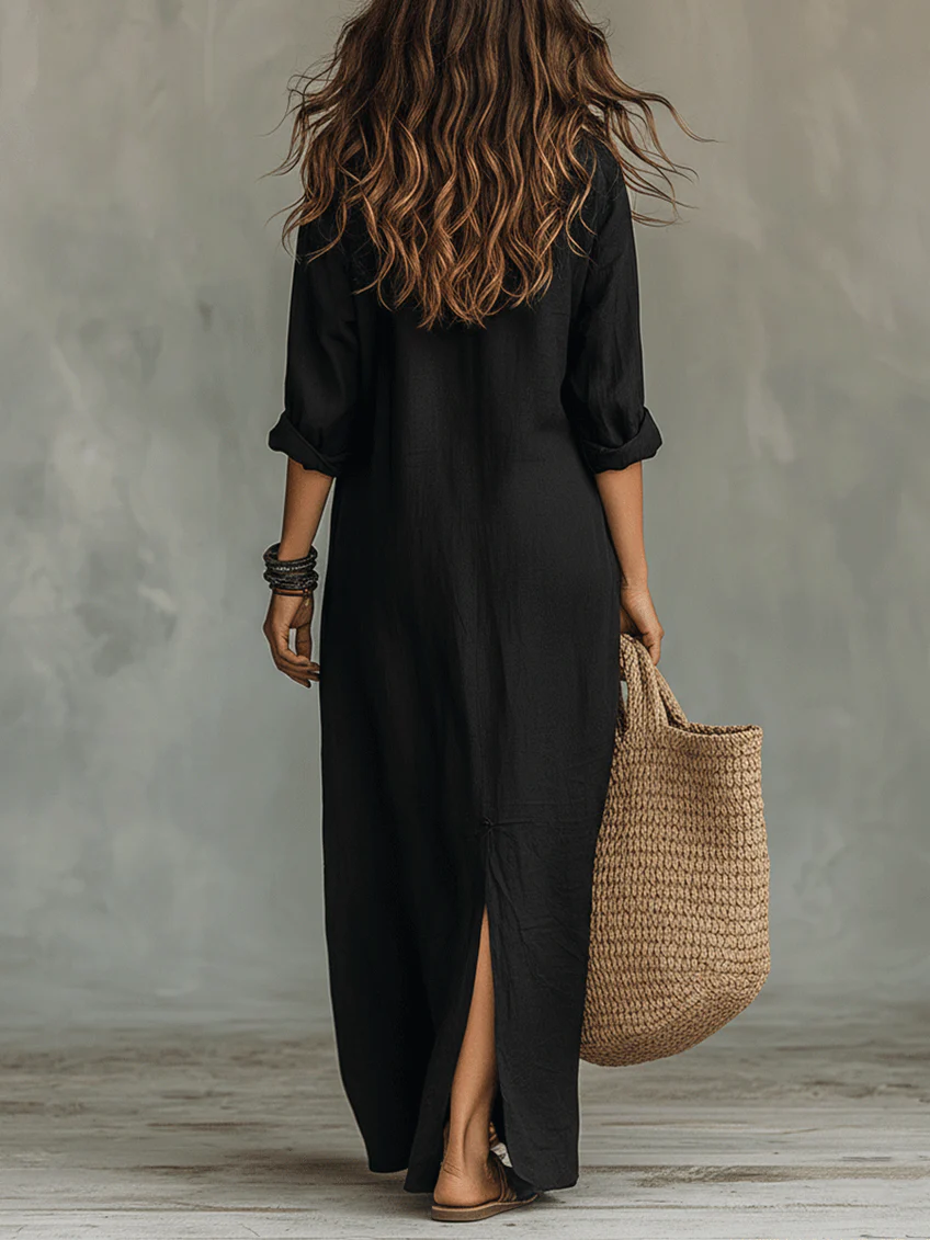 Rowena Soft Black Buttoned Maxi Dress
