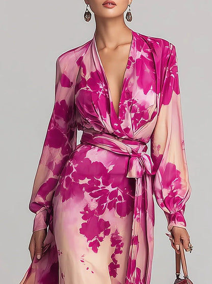 Julia Rose Floral V-Neck Belted Maxi Dress