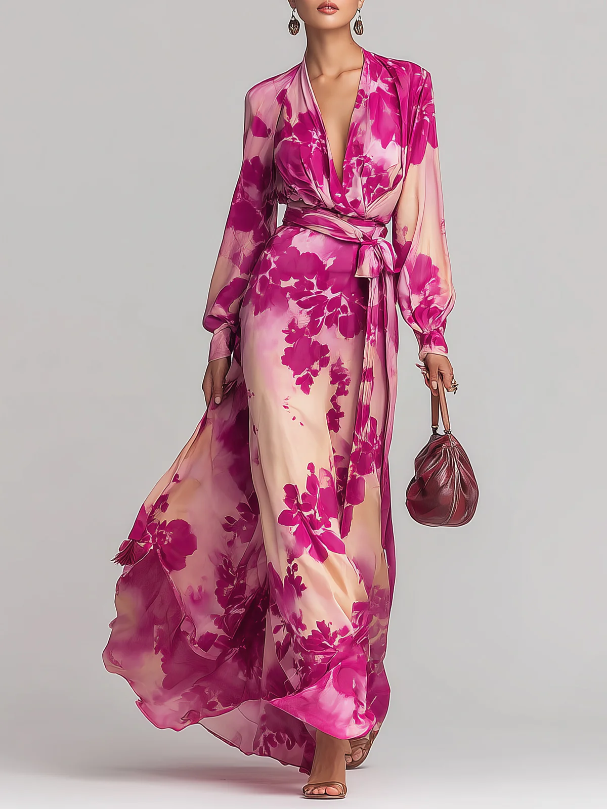 Julia Rose Floral V-Neck Belted Maxi Dress