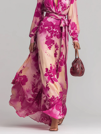 Julia Rose Floral V-Neck Belted Maxi Dress