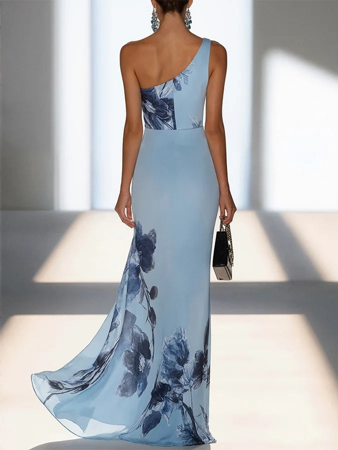 Victoria™ | Satin Ink Print Off-Shoulder Maxi Dress