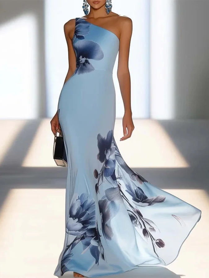 Victoria™ | Satin Ink Print Off-Shoulder Maxi Dress
