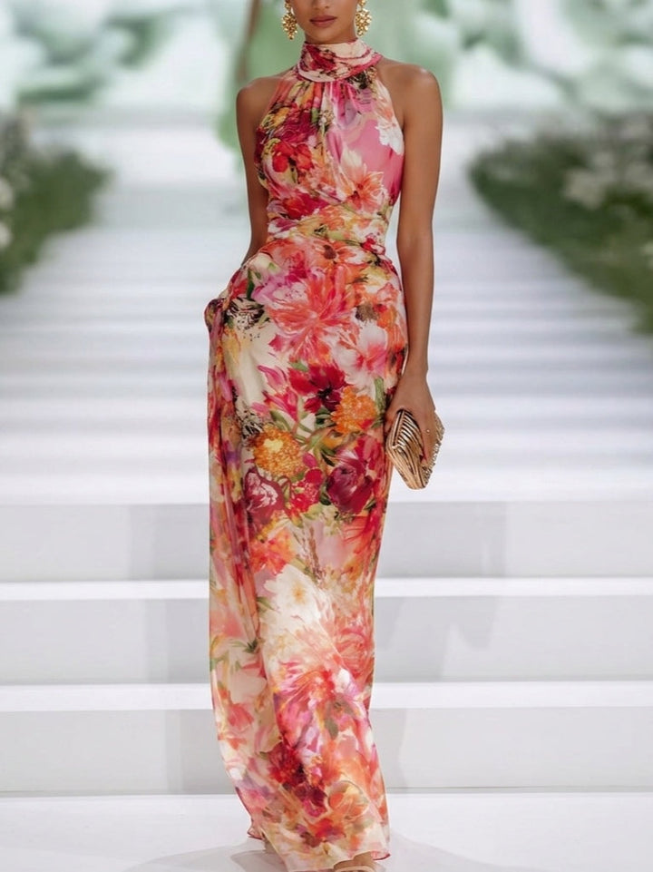 Fae™ | Red Chiffon Floral Sleeveless Maxi Dress