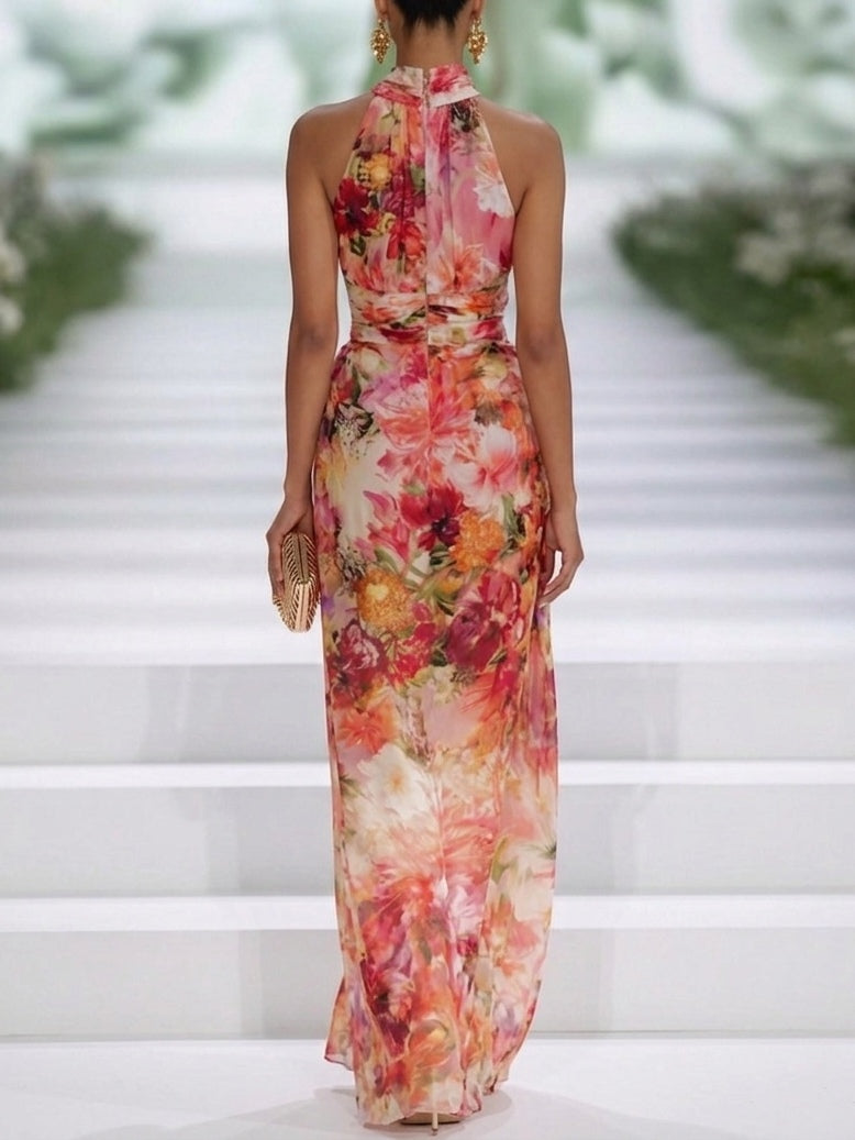 Fae™ | Red Chiffon Floral Sleeveless Maxi Dress