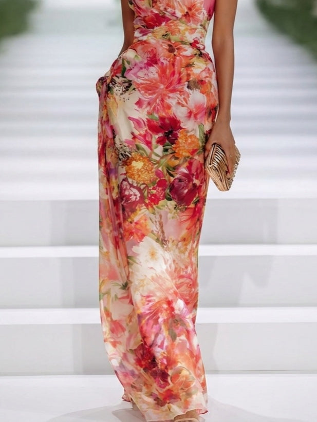 Fae™ | Red Chiffon Floral Sleeveless Maxi Dress