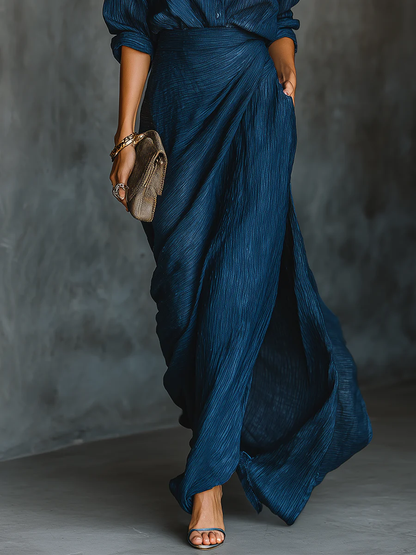 Jenny Elegant Blue Blend Shirt Long Skirt Set