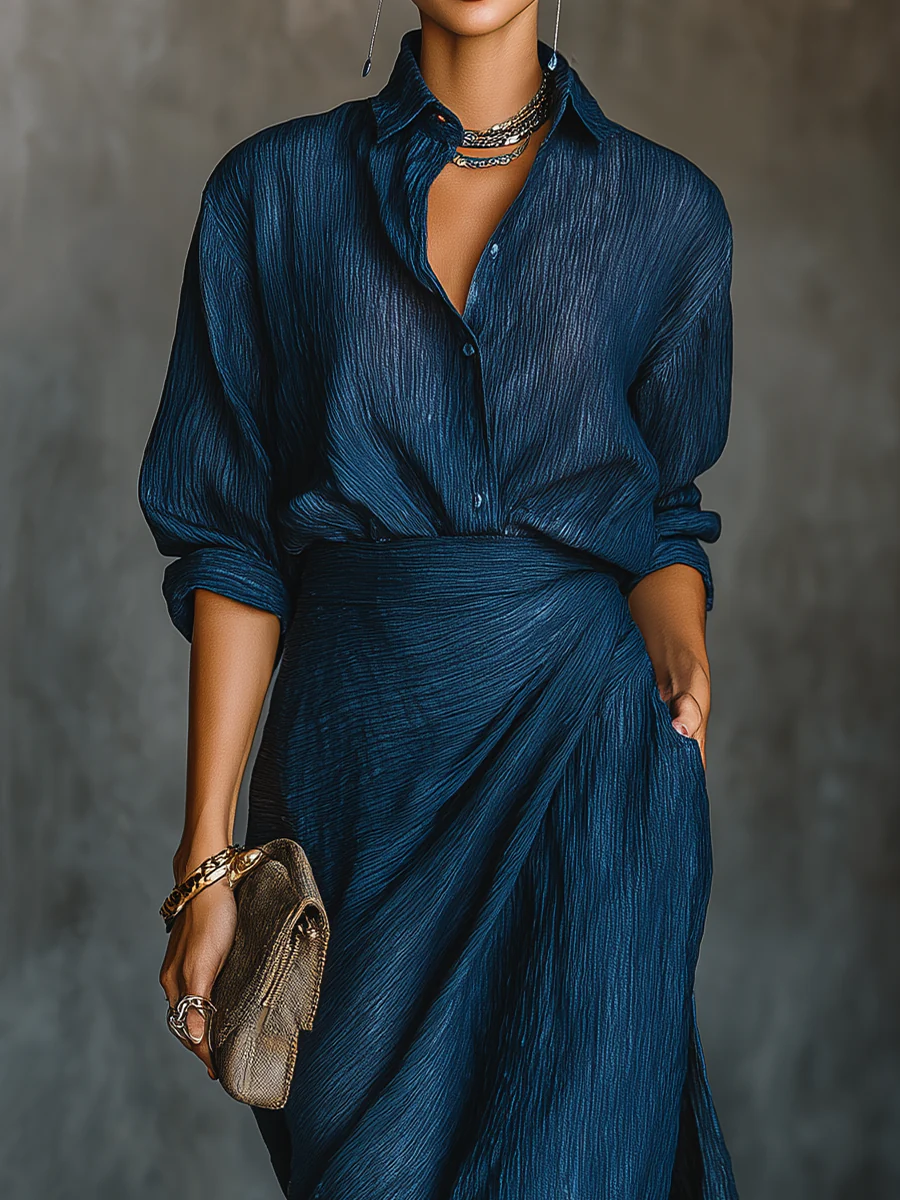 Jenny Elegant Blue Blend Shirt Long Skirt Set