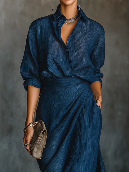 Jenny Elegant Blue Blend Shirt Long Skirt Set
