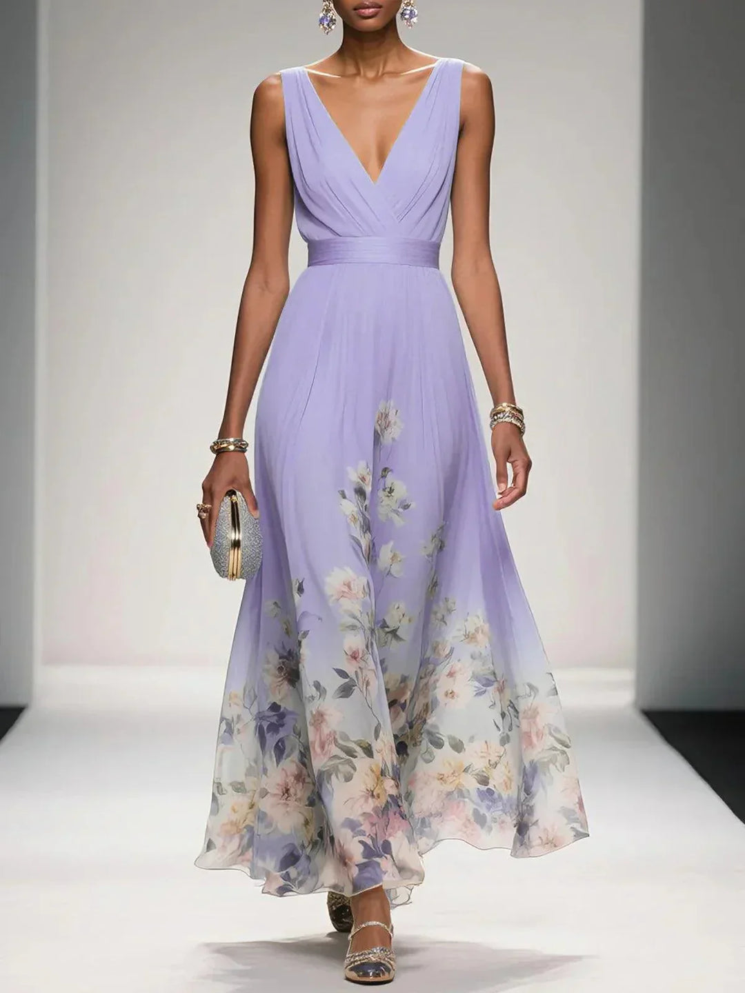 Rose™ | Light Blue Floral Chiffon V-Neck Maxi Dress