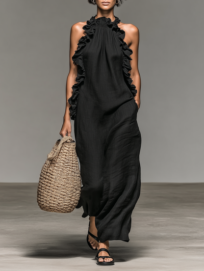 Brielle Linen Blend Ruffle Maxi Dress