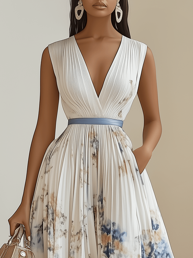 Chloe™ | White Floral Chiffon V-Neck Pleated Midi Dress