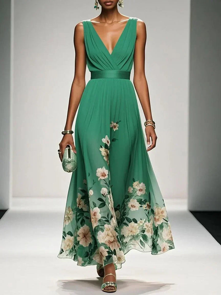 Rose™ | Light Blue Floral Chiffon V-Neck Maxi Dress