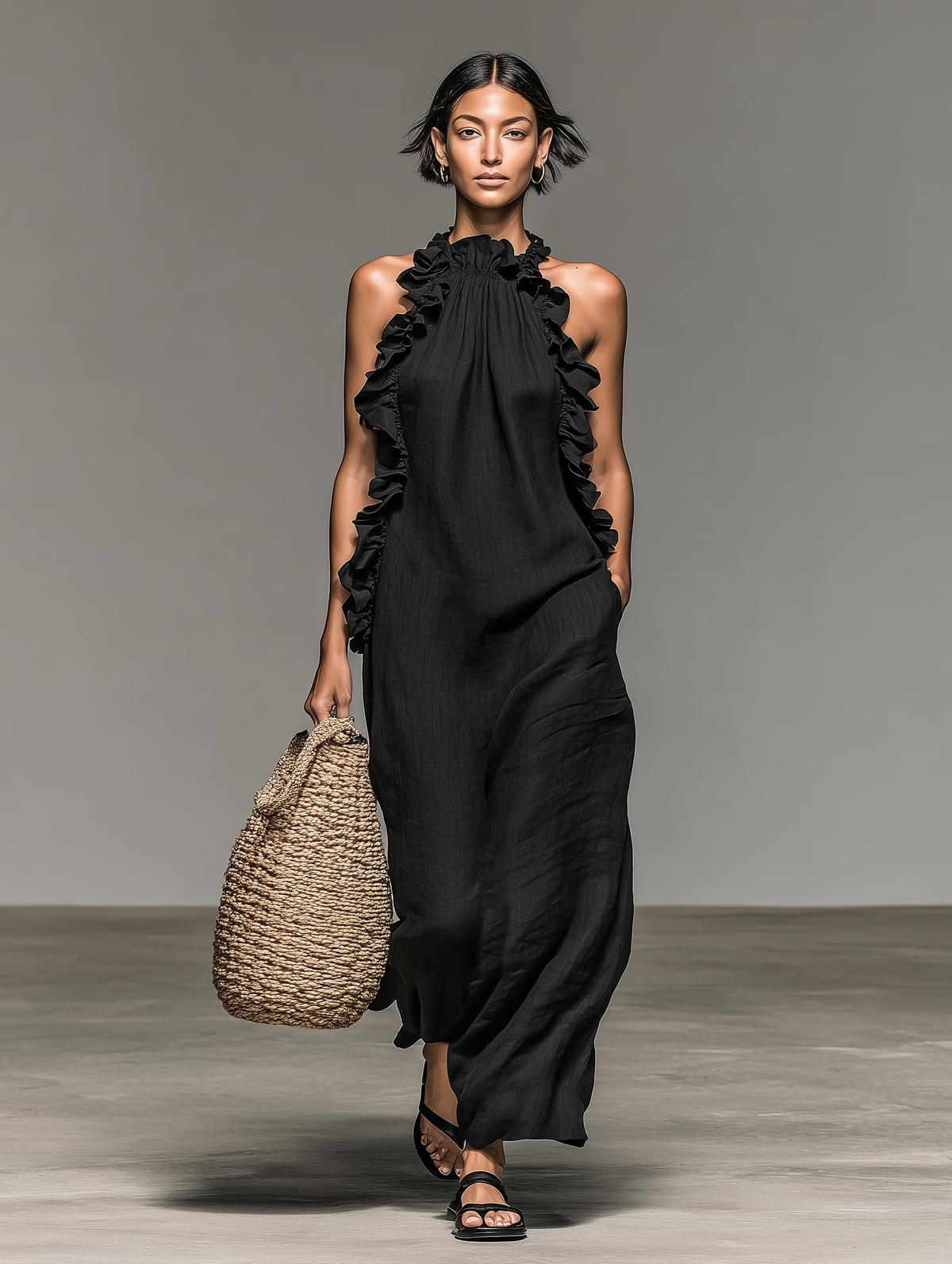 Brielle Linen Blend Ruffle Maxi Dress