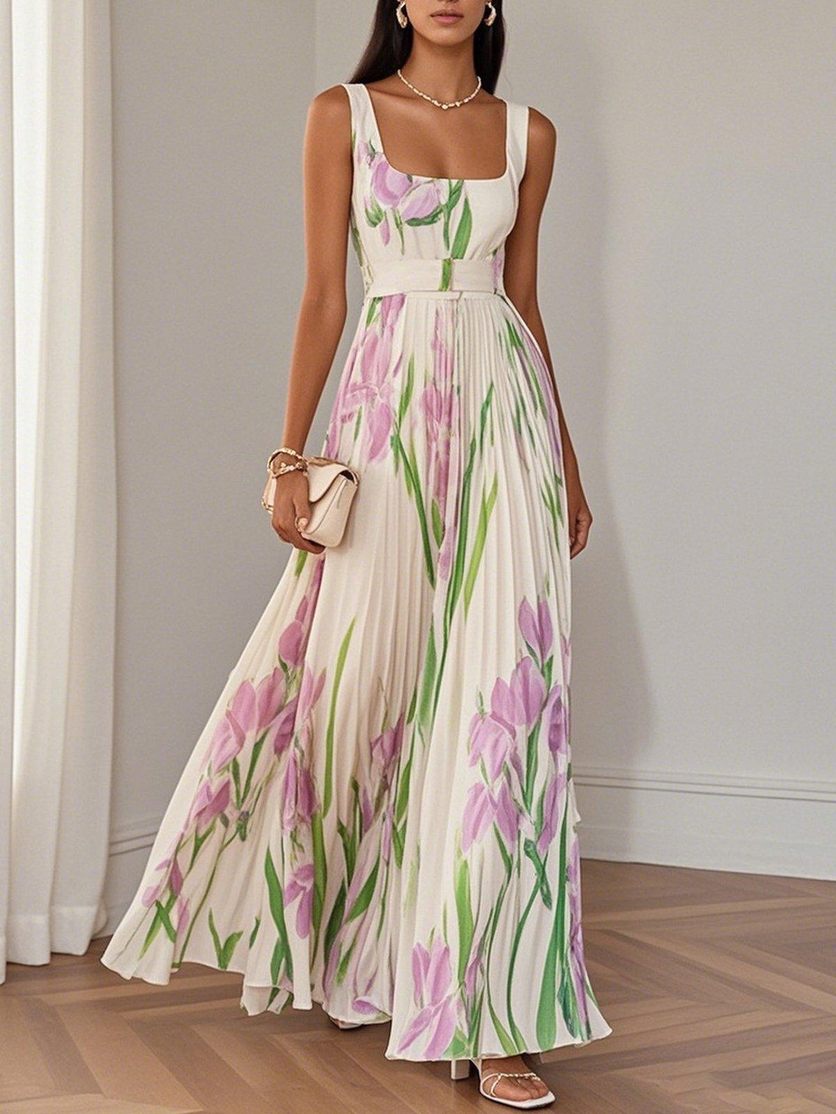 Marie White Pleated Floral Chiffon Maxi Dress