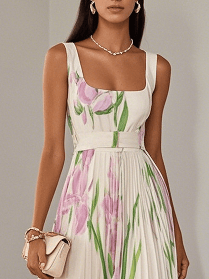 Marie White Pleated Floral Chiffon Maxi Dress