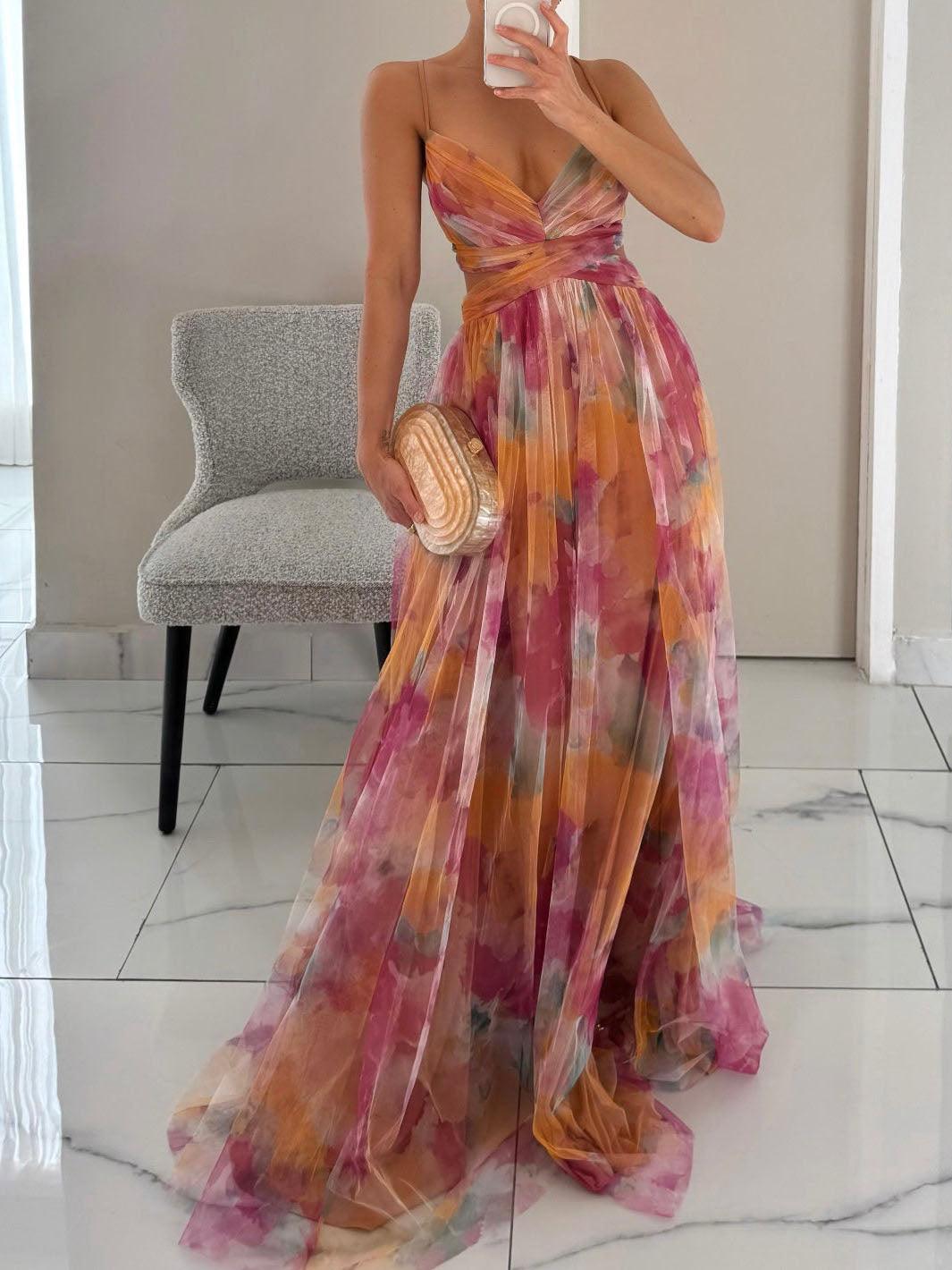 Karen Painted Floral Print V-Neck Maxi Dress