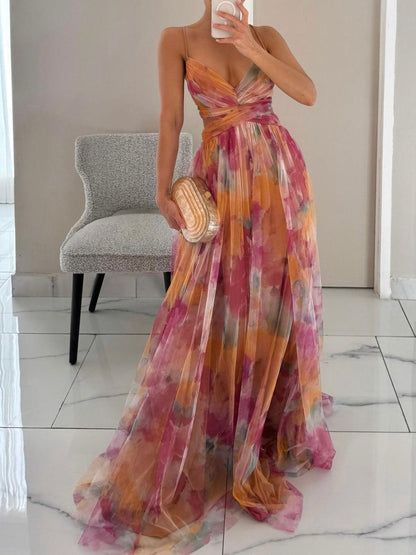 Karen Painted Floral Print V-Neck Maxi Dress
