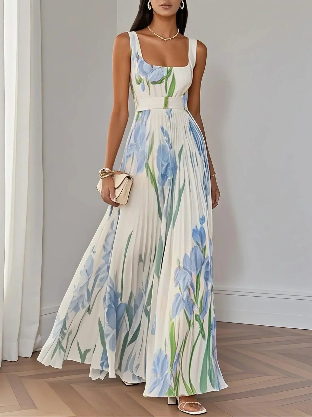 Marie White Pleated Floral Chiffon Maxi Dress
