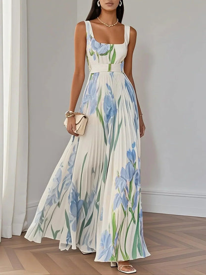 Marie White Pleated Floral Chiffon Maxi Dress