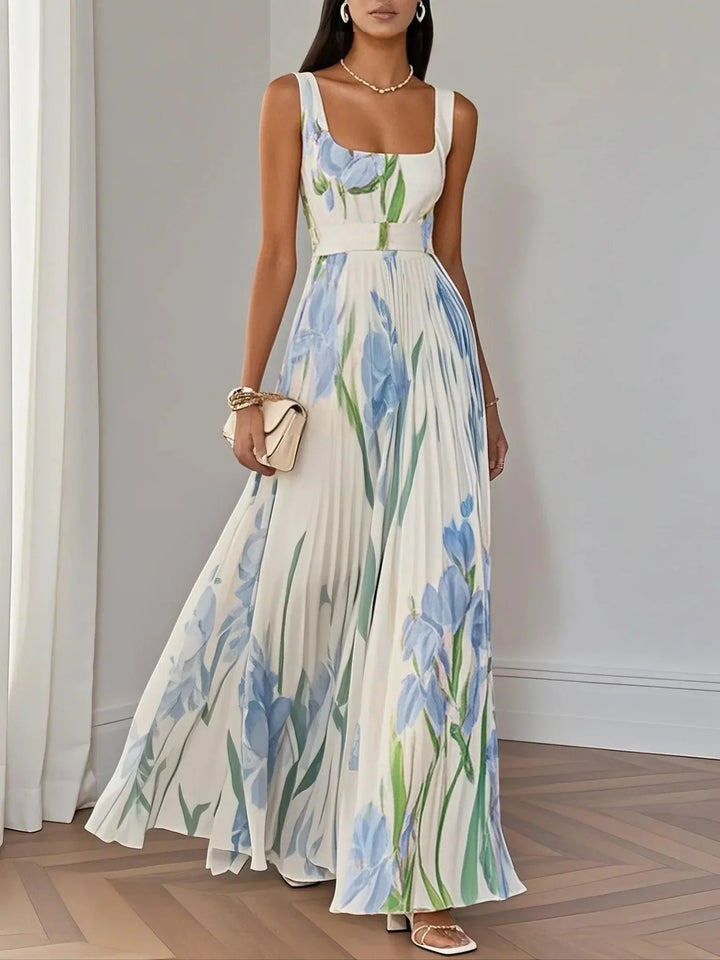 Marie™ | White Pleated Floral Chiffon Maxi Dress