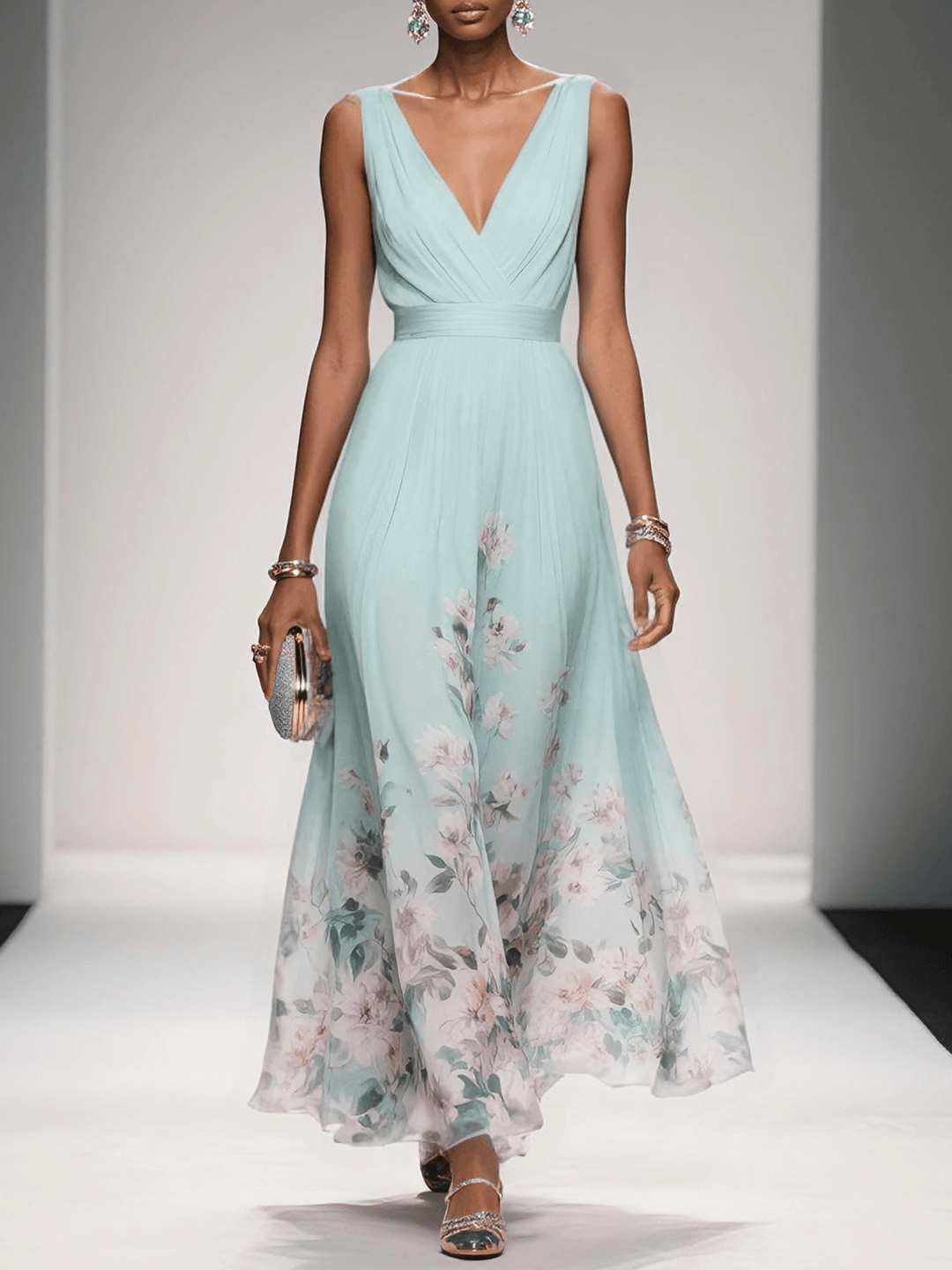 Rose™ | Light Blue Floral Chiffon V-Neck Maxi Dress