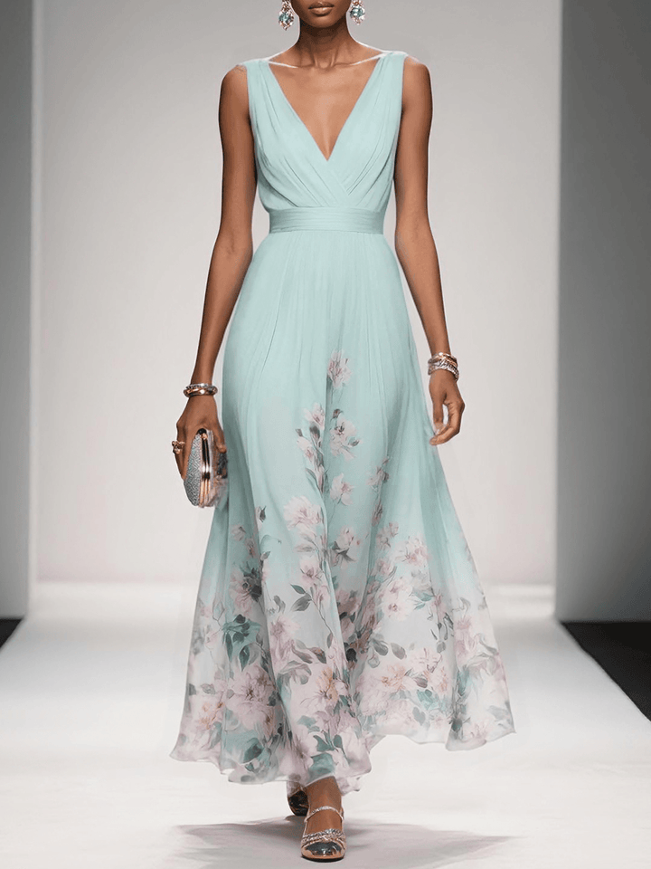 Rose™ | Light Blue Floral Chiffon V-Neck Maxi Dress
