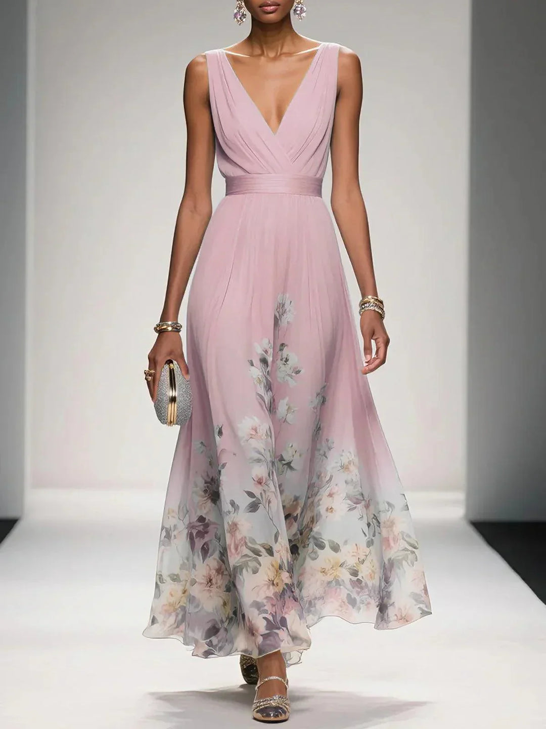 Rose™ | Light Blue Floral Chiffon V-Neck Maxi Dress
