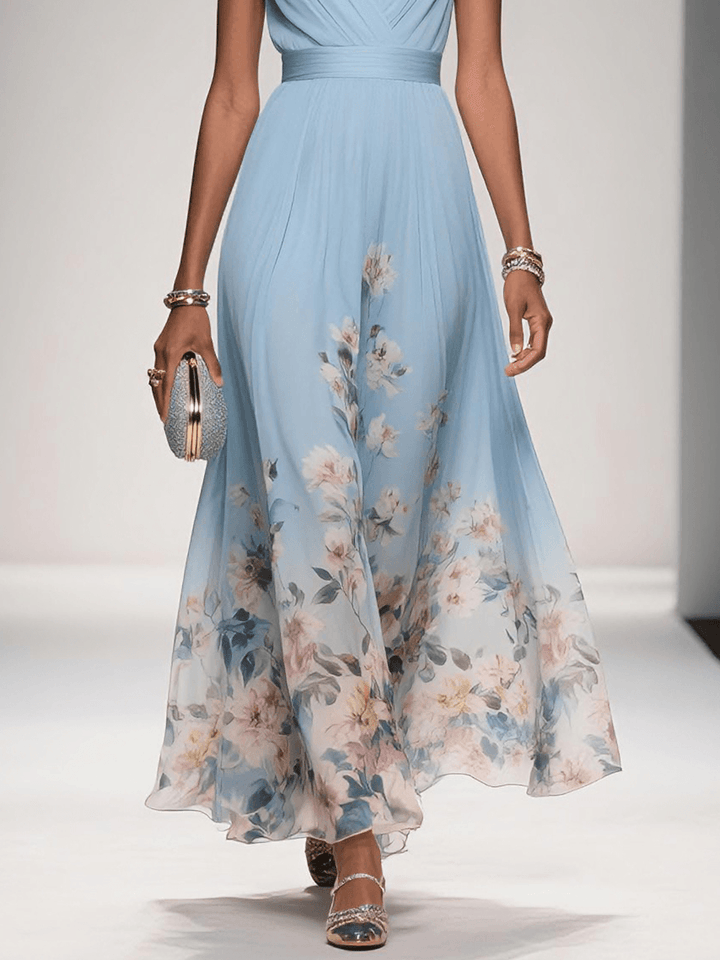 Rose™ | Light Blue Floral Chiffon V-Neck Maxi Dress