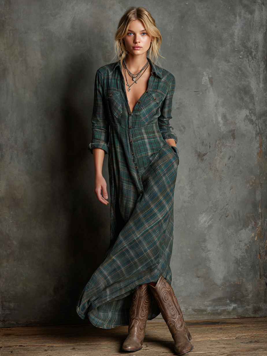 Bella Plaid Shirt Maxi Dress