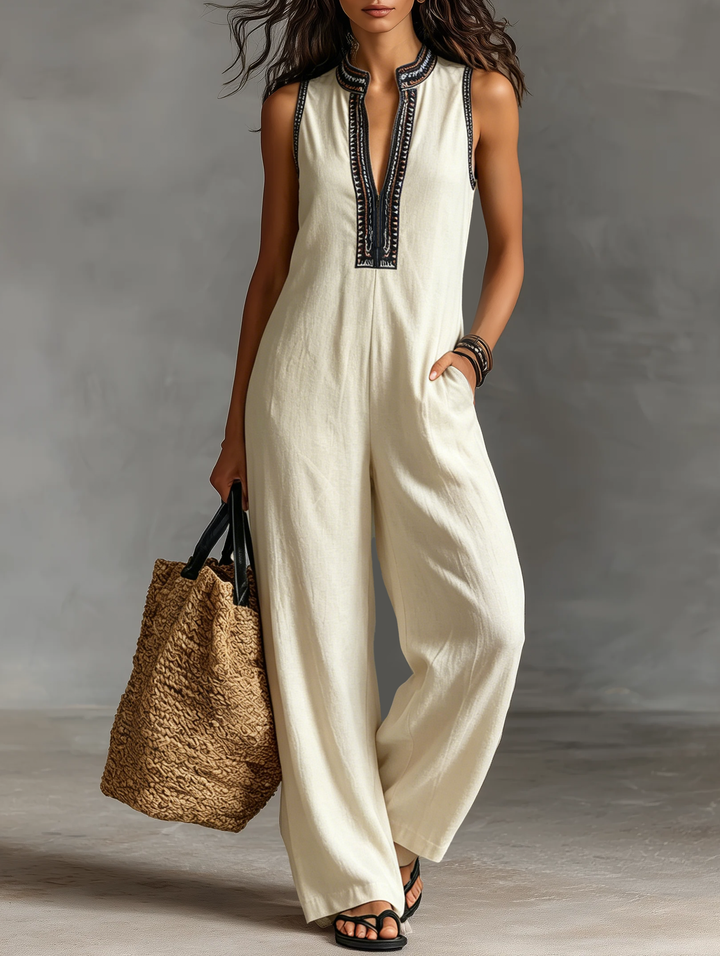 Darcie Linen Blend Embroidered Jumpsuit