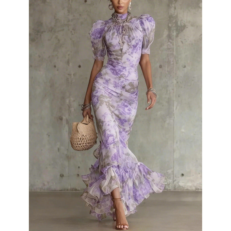 Mae Vintage Rose Print Puff Sleeve Maxi Dress